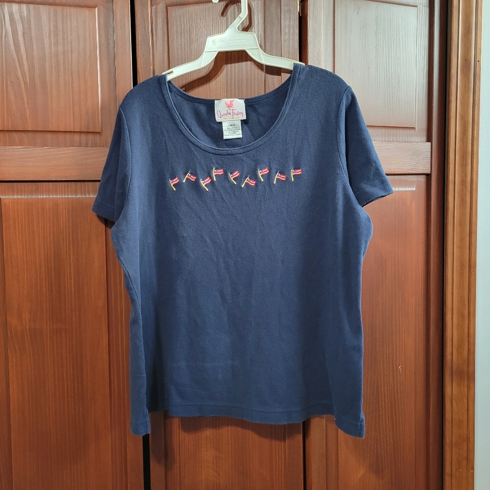 Quacker Factory Embroidered American Flag Beaded Short Sleeve Blue Tee | Large